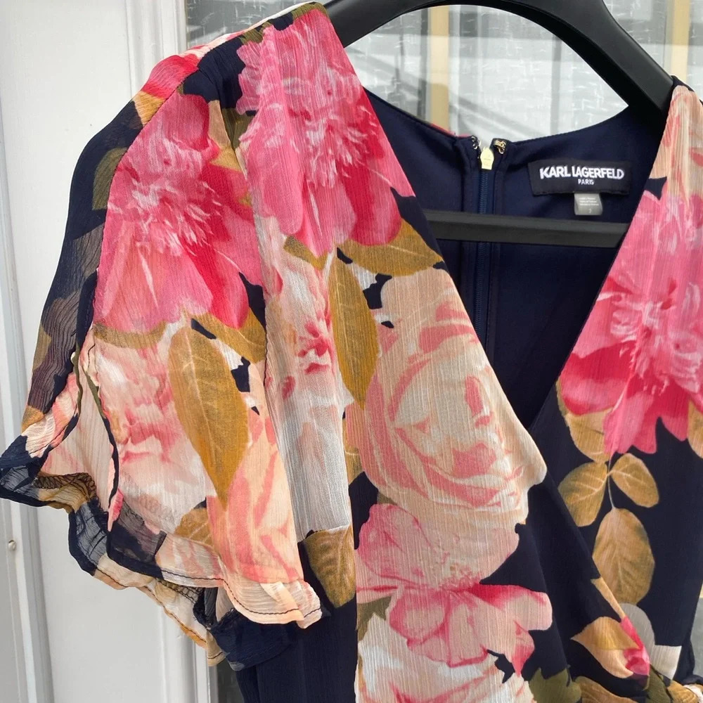 Karl Lagerfeld Paris Floral Chiffon Midi Wrap Dress Size 2 - Picture 7 of 15